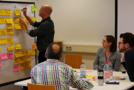 Manchmal hilft es, vom klassischen Arbeitsalltag abzurücken und ein Kollegen-Experiment zu wagen. Peer-Learning: Eine neue Art der Fortbildung. Zettel am Whiteboard in Besprechung